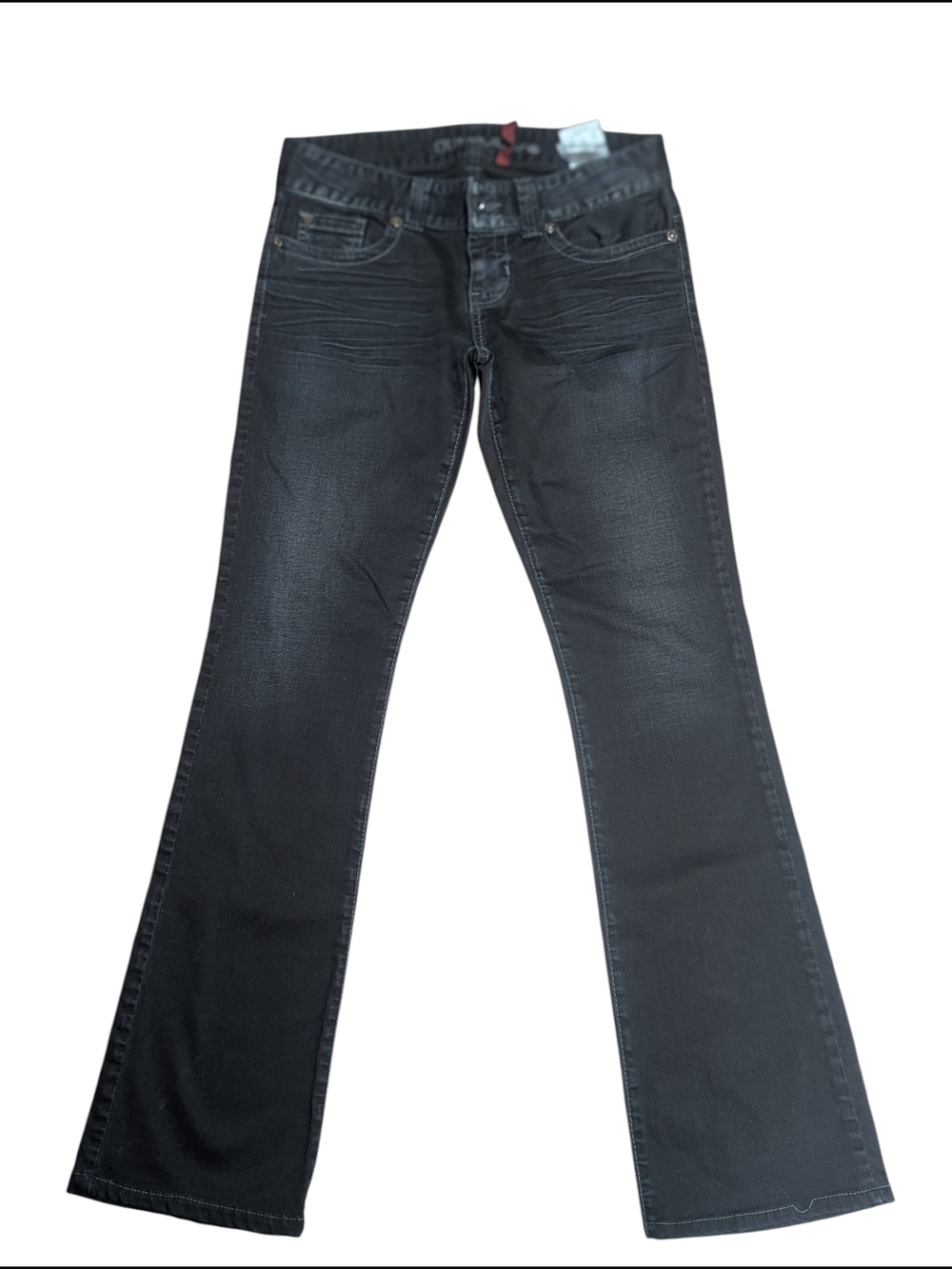 Y2K GUESS Daredevil Boot Cut Jeans – Charcoal Black Rhinestone Pocket – Size 28 - Picture 2 of 15